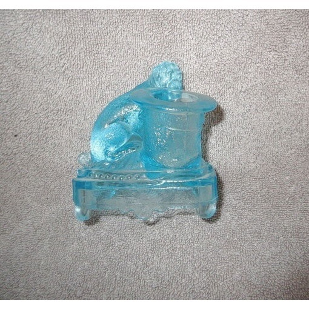 Antique EAPG Blue Glass Dog & Top Hat Toothpick Holder Figurine Belmont 1887